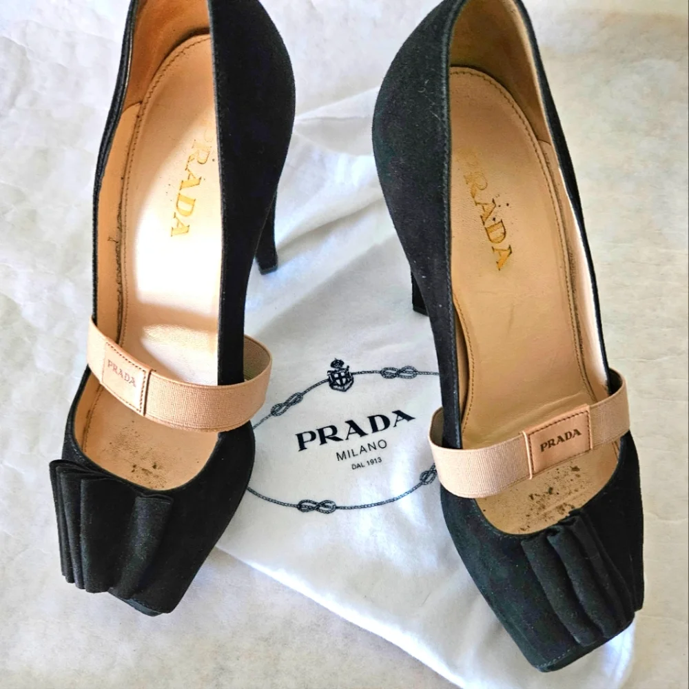 Prada Heels Black Suede Sculpted Heel Box Dust Bags - Picture 1 of 7